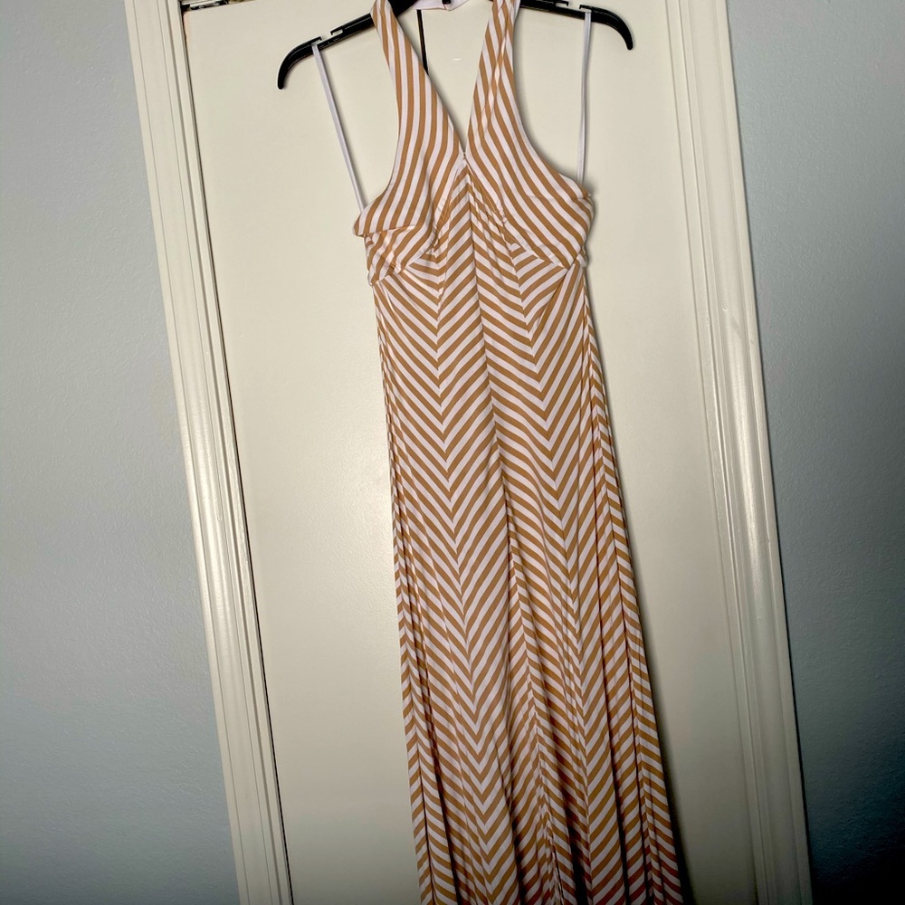 Eva Mendes Stripped Maxi Halter Dress.